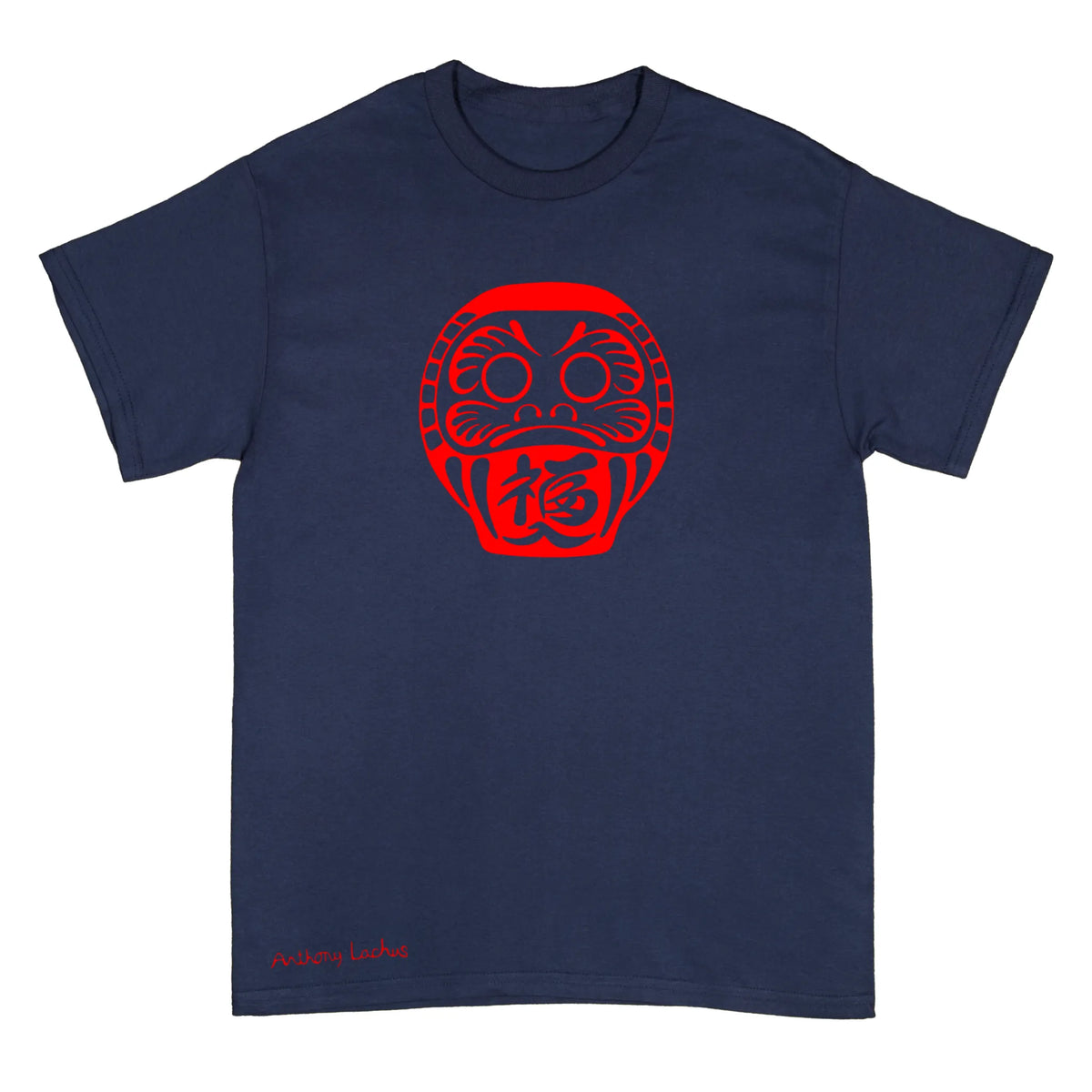 A navy blue short-sleeve t-shirt with a red Daruma doll graphic printed on the chest and a small red 'Anthony Lachus' brand signature near the bottom left hem, shown against a plain white background.