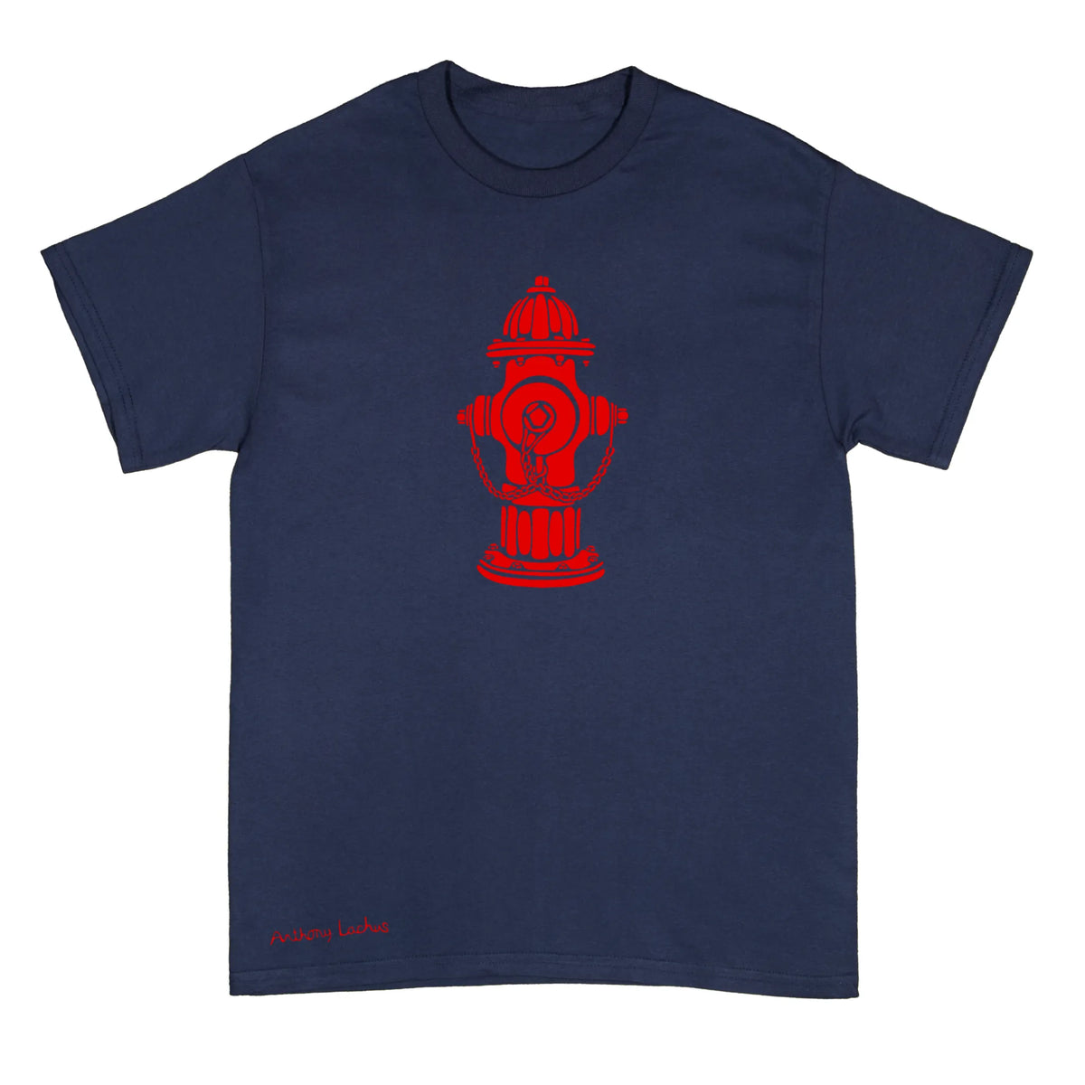 A navy blue short-sleeve t-shirt with a red graphic of a fire hydrant on the chest and 'Anthony Lachus' printed in red near the bottom left hem, shown on a plain white background.