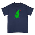 A navy blue short-sleeve t-shirt with a green Christmas tree graphic on the chest and a small red ornament accent, shown against a plain white background. An original, hand drawn artwork by Anthony Lachus.