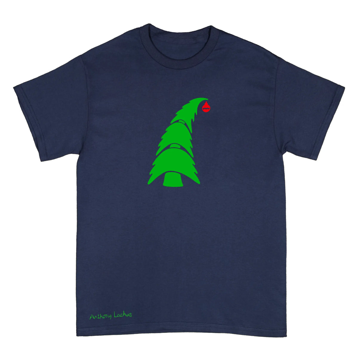 A navy blue short-sleeve t-shirt with a green Christmas tree graphic on the chest and a small red ornament accent, shown against a plain white background. An original, hand drawn artwork by Anthony Lachus.