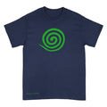 A navy blue short-sleeve t-shirt with a bright green spiral graphic of a snake on the chest and a small 'Anthony Lachus' artists signature near the bottom left hem, displayed on a solid white background.