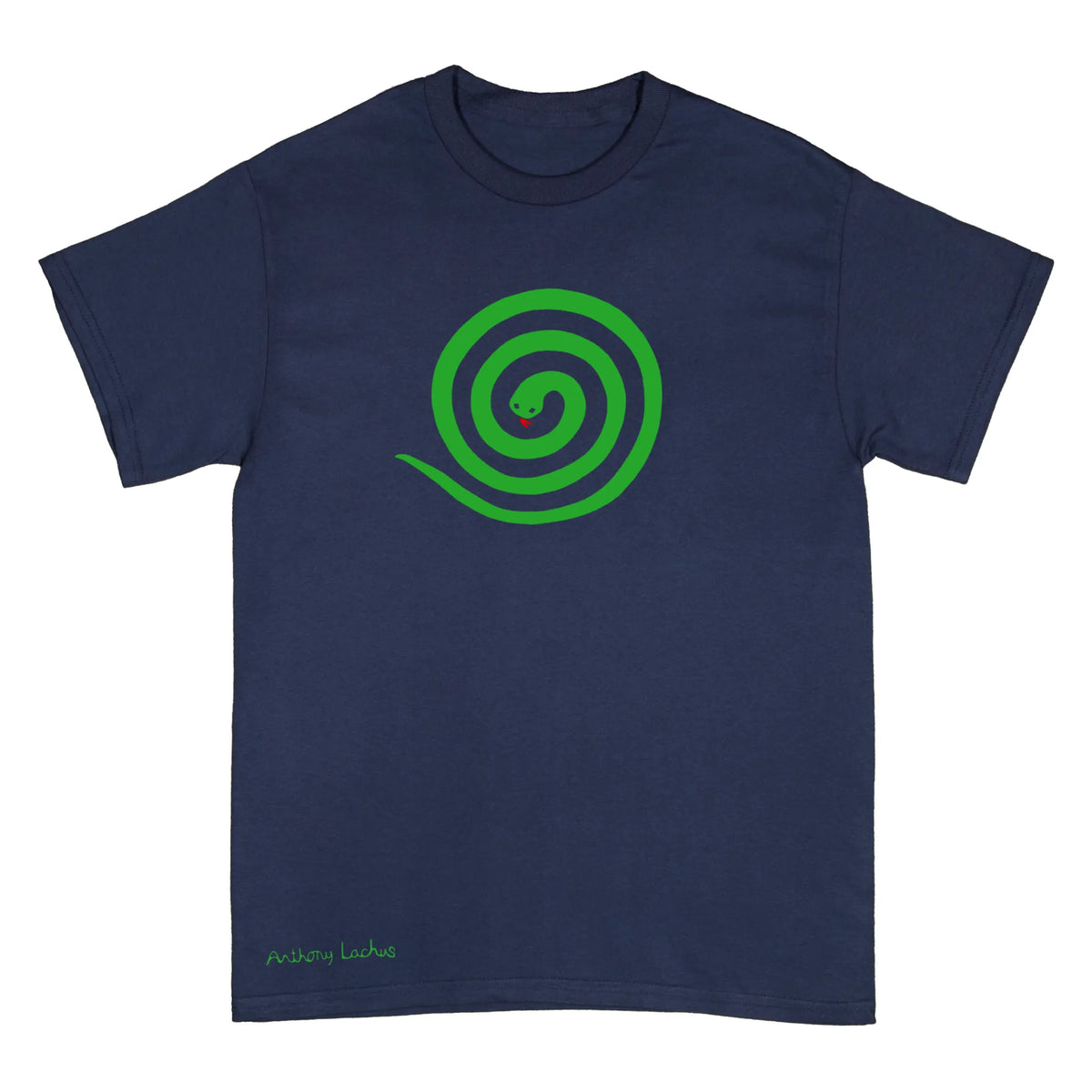 A navy blue short-sleeve t-shirt with a bright green spiral graphic of a snake on the chest and a small 'Anthony Lachus' artists signature near the bottom left hem, displayed on a solid white background.