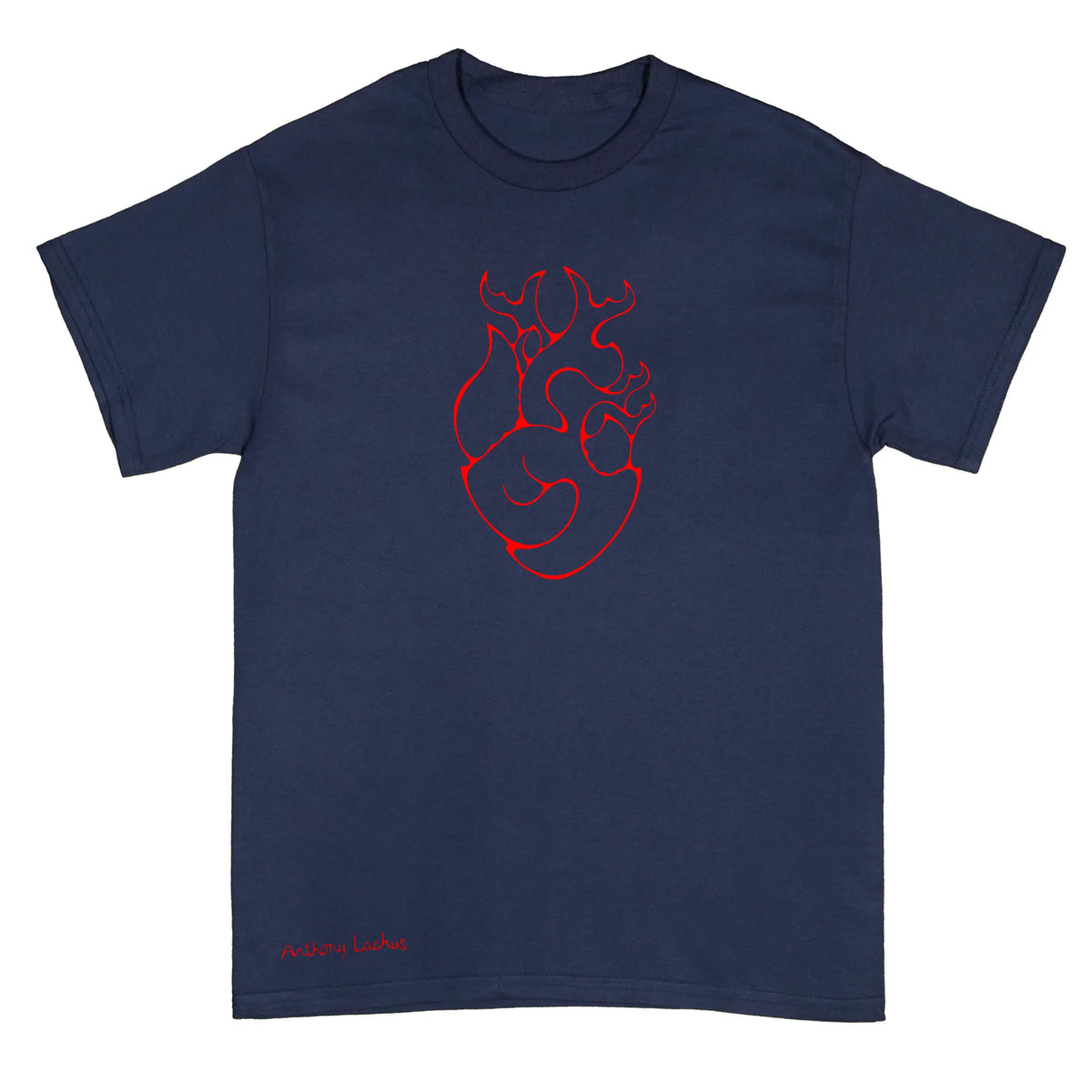 A navy blue short-sleeve t-shirt with a red anatomical heart graphic on the chest and a small red 'Anthony Lachus' signature near the bottom left hem, shown on a plain white background.