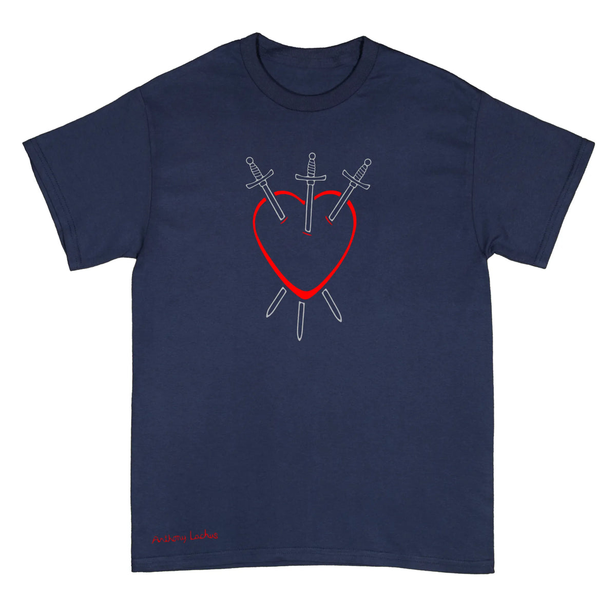 A navy blue short-sleeve t-shirt with a graphic on the chest depicting a red heart outline pierced by three white swords. The brand name 'Anthony Lachus' is printed in red near the bottom left hem. Three of Swords Tarot.