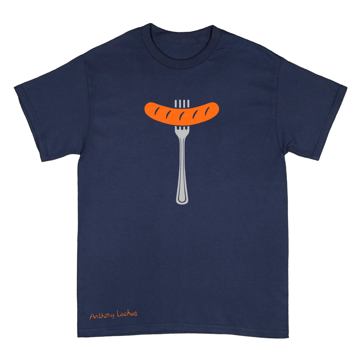 A navy blue short-sleeve t-shirt with a graphic of a grilled orange sausage on a silver fork on the chest, and the text 'Anthony Lachus' printed in orange near the bottom left.