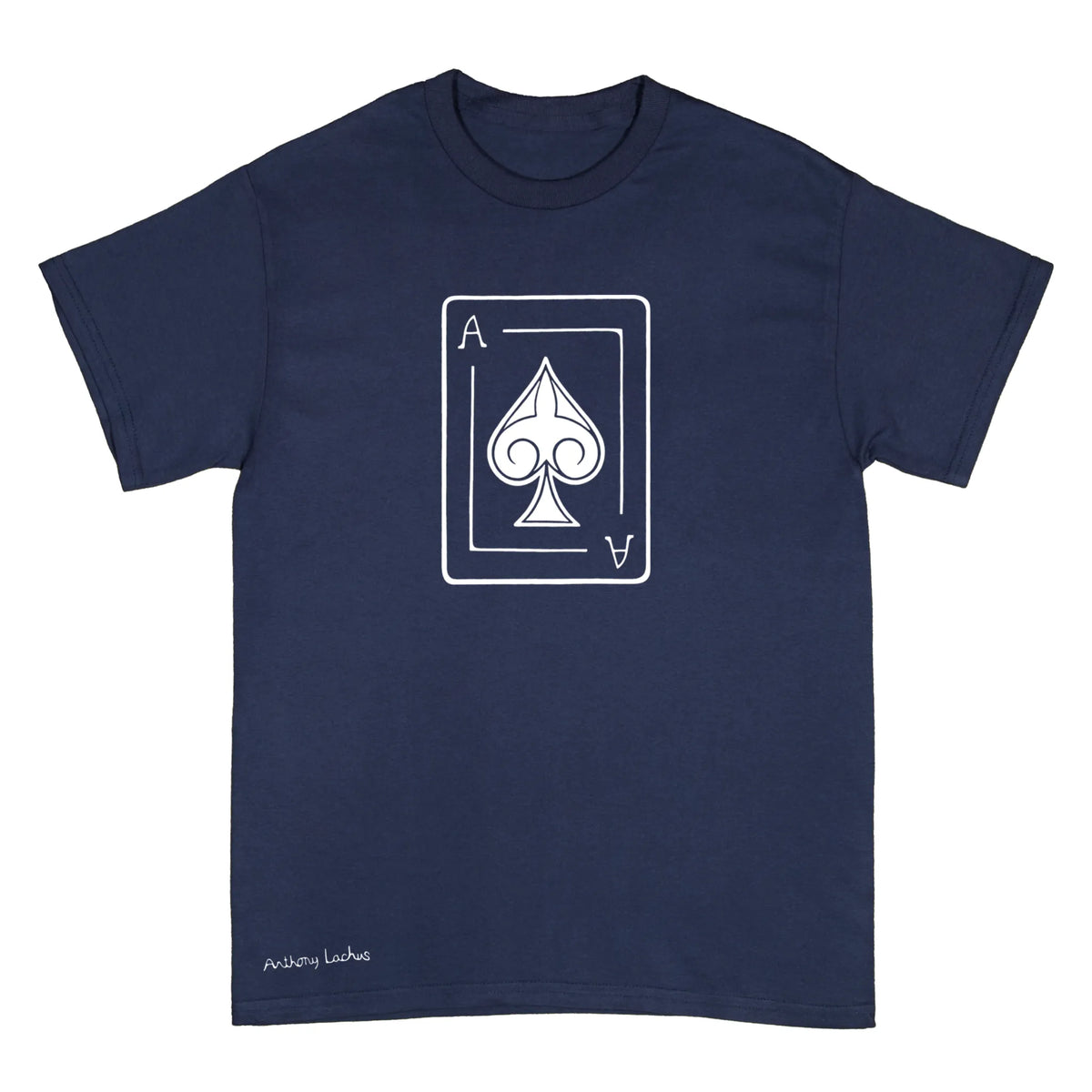A navy blue short-sleeve crewneck t-shirt with a white ace of spades line art graphic of on the chest, and a white signature reading 'Anthony Lachus' near the bottom left hem, displayed against a light background. An original, hand drawn artwork by Anthony Lachus. Front view.