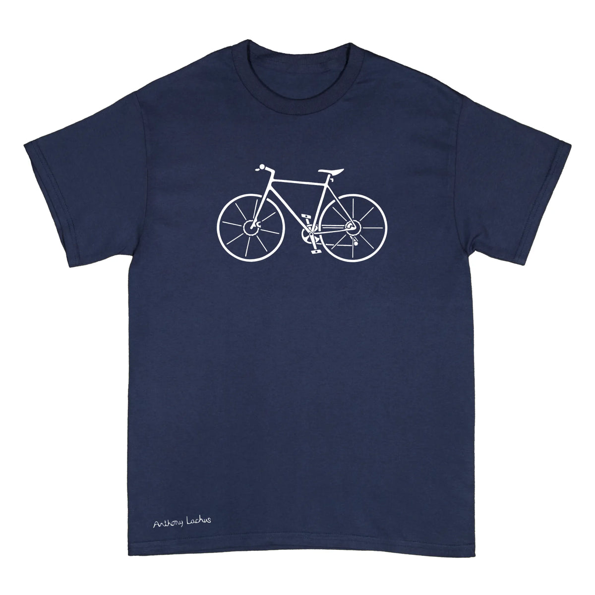 A navy blue short-sleeve crewneck t-shirt featuring a white line art graphic of a bicycle on the chest and the text 'Anthony Lachus' printed near the bottom left hem, shown against a plain white background. An original, hand drawn artwork by Anthony Lachus. Front view.