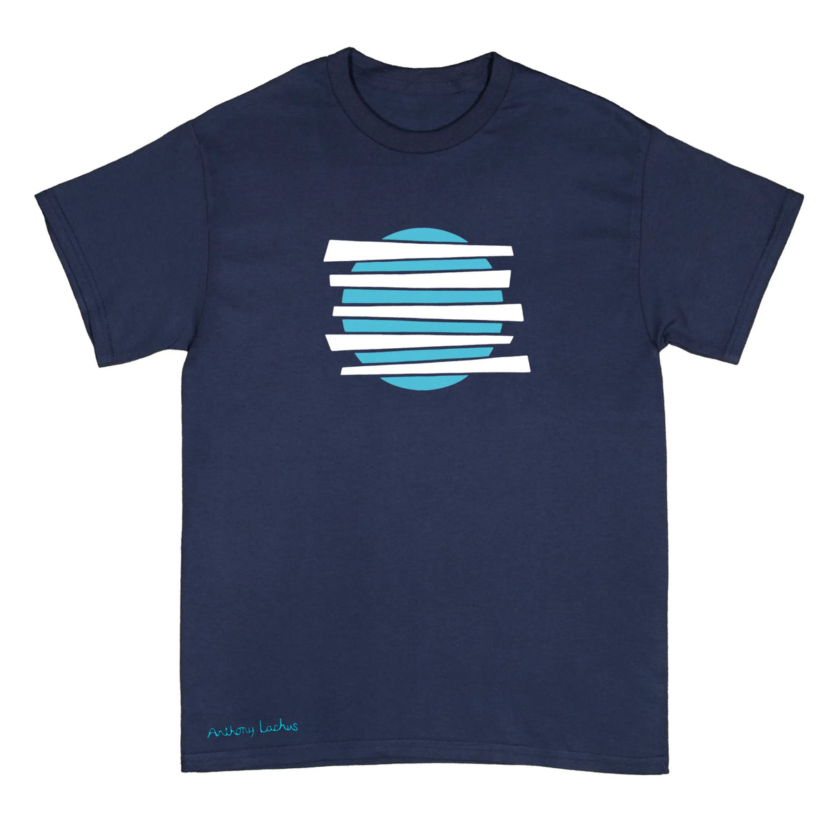 A navy blue short-sleeve t-shirt with a graphic on the chest featuring horizontal white bars layered over a light blue circle, with a small 'Anthony Lachus' signature printed in teal near the bottom left. An original, hand drawn artwork by Anthony Lachus.