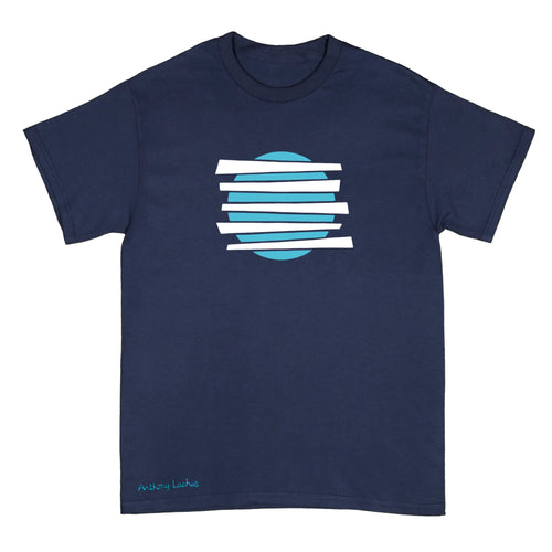 A navy blue short-sleeve t-shirt with a graphic on the chest featuring horizontal white bars layered over a light blue circle, with a small 'Anthony Lachus' signature printed in teal near the bottom left. An original, hand drawn artwork by Anthony Lachus.