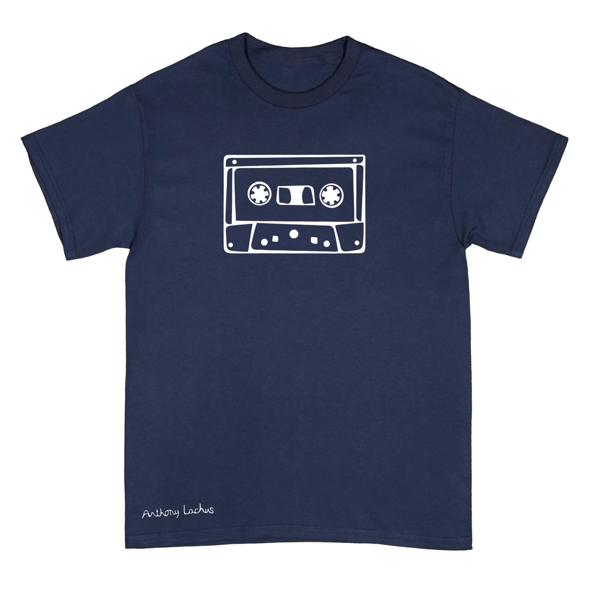 A navy blue short-sleeve t-shirt with a white line art graphic of a cassette tape on the chest and the text 'Anthony Lachus' printed near the bottom left, shown against a plain white background.