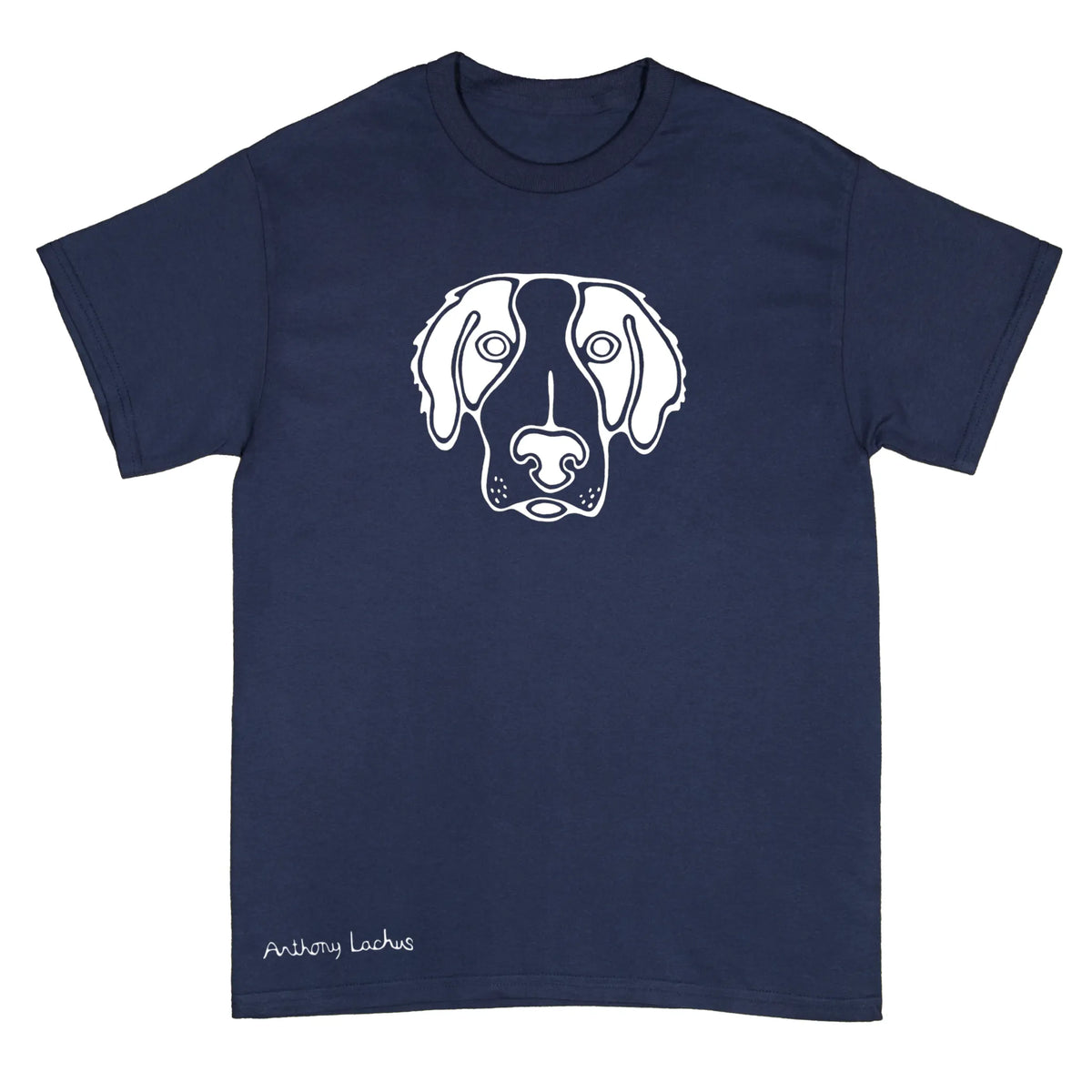 A navy blue short-sleeve t-shirt with a white line art graphic of a dog's face on the chest and 'Anthony Lachus' printed in white near the bottom left hem, shown against a plain white background.