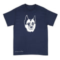 A navy blue short-sleeve t-shirt with a white graphic of a dog's face on the chest and the text 'Anthony Lachus' printed near the bottom left, shown against a plain white background.