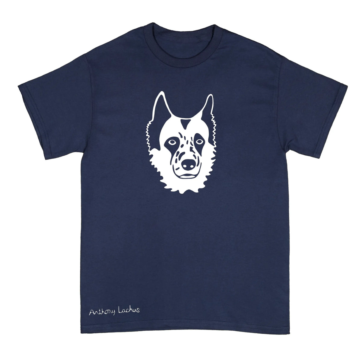 A navy blue short-sleeve t-shirt with a white graphic of a dog's face on the chest and the text 'Anthony Lachus' printed near the bottom left, shown against a plain white background.