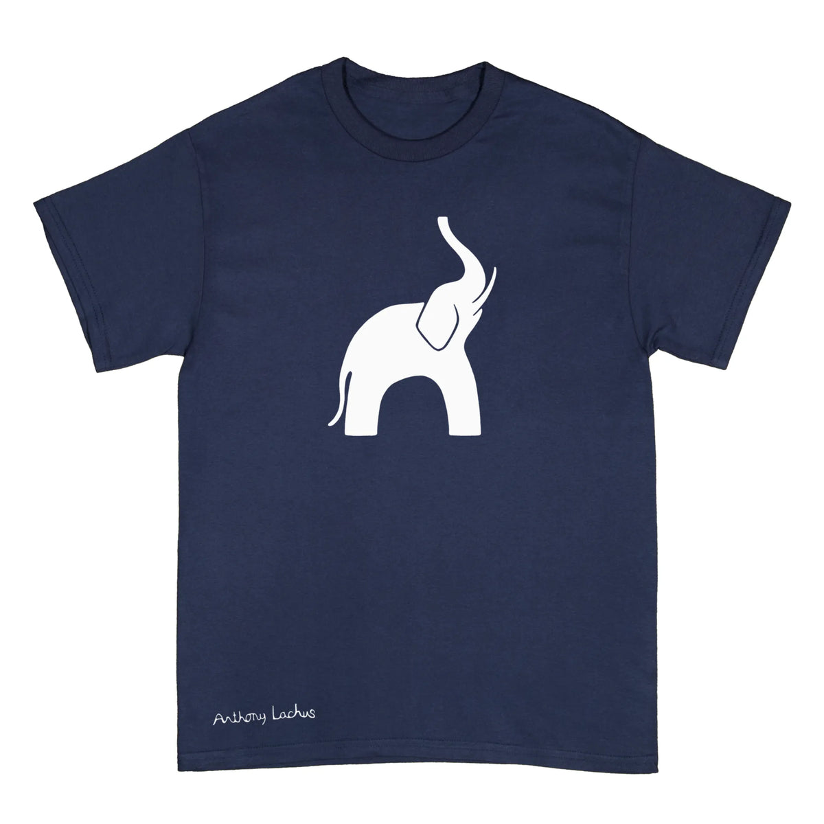 A navy blue short-sleeve crewneck t-shirt featuring a white minimalist elephant graphic on the chest and the text 'Anthony Lachus' printed in white near the bottom left hem, displayed on a solid white background.