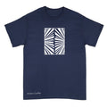 A navy blue short-sleeve t-shirt with a white geometric graphic on the chest depicting radiating lines, and the text 'Anthony Lachus' printed in white near the bottom left hem, shown against a plain white background.