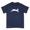 A navy blue short-sleeve crewneck t-shirt featuring a white line-art graphic of a leaping rabbit on the chest, with 'Anthony Lachus' printed in white near the bottom left hem, shown against a plain white background.