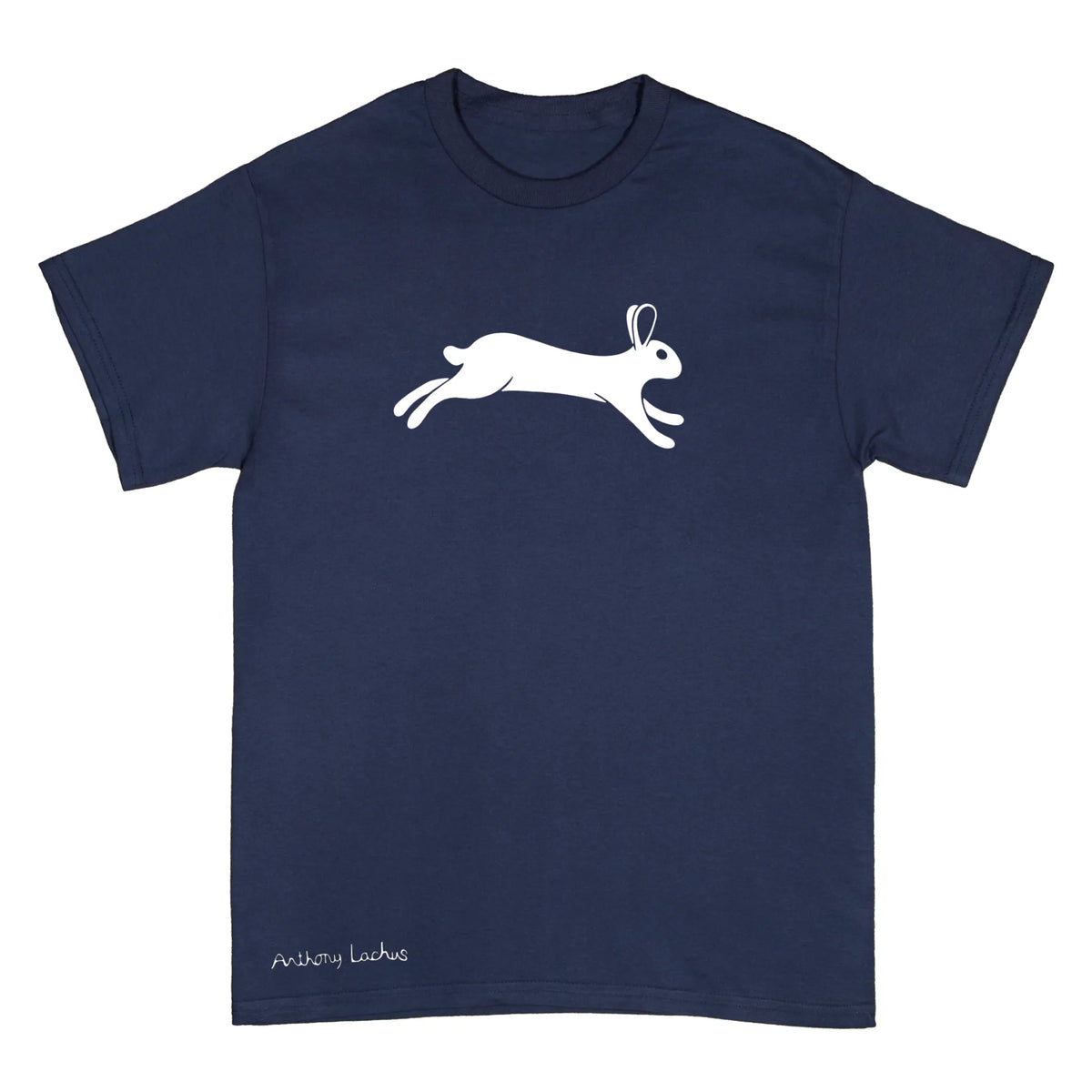 A navy blue short-sleeve crewneck t-shirt featuring a white line-art graphic of a leaping rabbit on the chest, with 'Anthony Lachus' printed in white near the bottom left hem, shown against a plain white background.