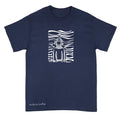 A navy blue short-sleeve crewneck t-shirt featuring a white graphic print of a seated figure with a halo against wavy horizontal lines, with 'Anthony Lachus' printed in white near the bottom left hem.