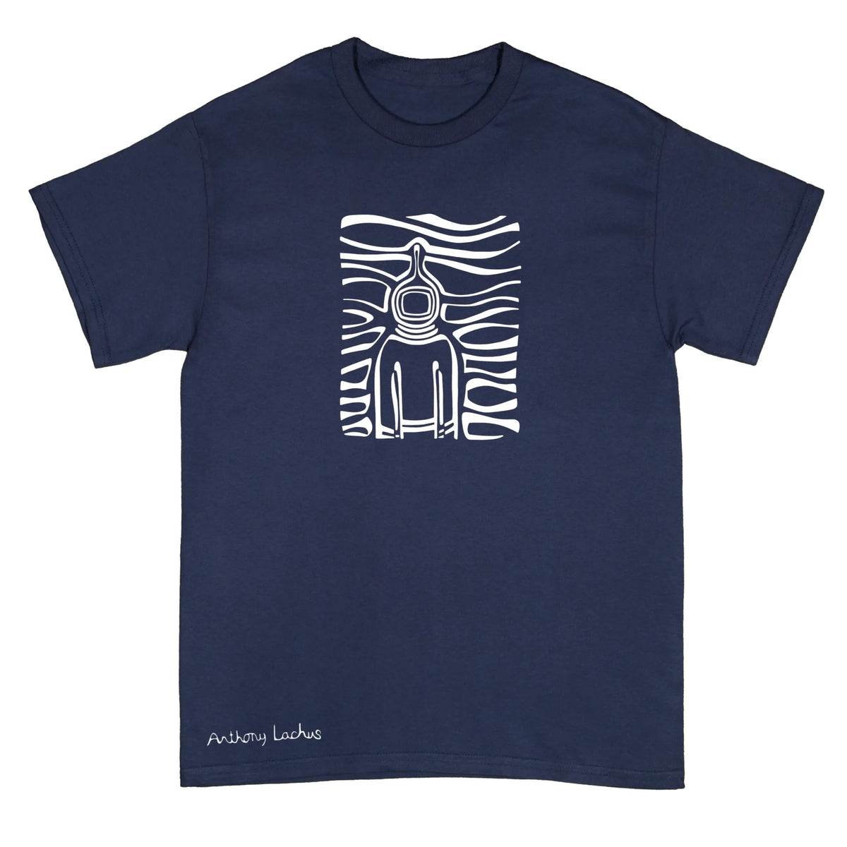 A navy blue short-sleeve crewneck t-shirt featuring a white graphic print of a seated figure with a halo against wavy horizontal lines, with 'Anthony Lachus' printed in white near the bottom left hem.