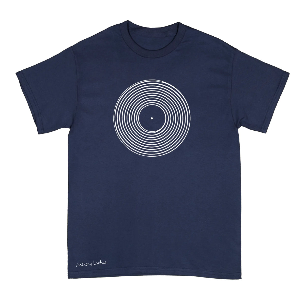 A navy blue short-sleeve crewneck t-shirt with a white vinyl record line art graphic of on the chest, and a white signature reading 'Anthony Lachus' near the bottom left hem, displayed against a light background. An original, hand drawn artwork by Anthony Lachus. Front view.