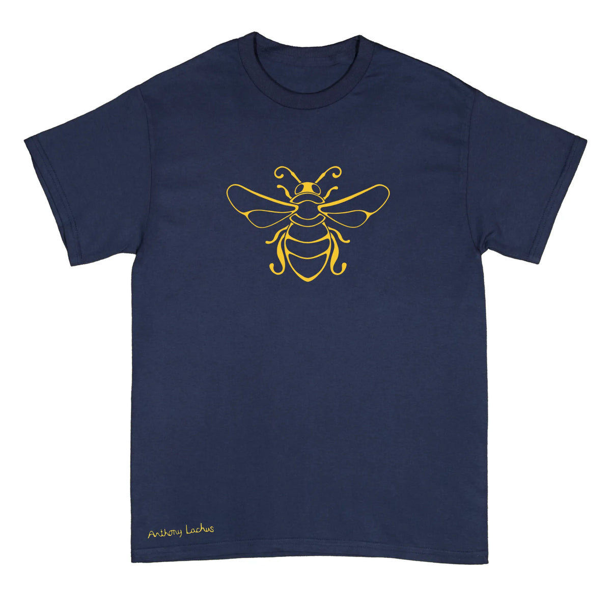 A navy blue short-sleeve crewneck t-shirt featuring a yellow line art graphic of a bee on the chest and the text 'Anthony Lachus' printed near the bottom left hem, shown against a plain white background. An original, hand drawn artwork by Anthony Lachus. Front view.