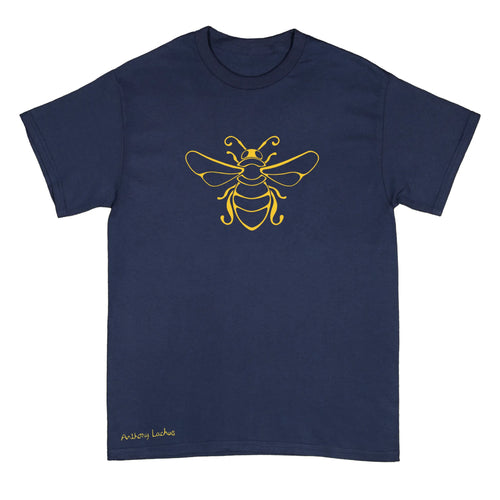 A navy blue short-sleeve crewneck t-shirt featuring a yellow line art graphic of a bee on the chest and the text 'Anthony Lachus' printed near the bottom left hem, shown against a plain white background. An original, hand drawn artwork by Anthony Lachus. Front view.