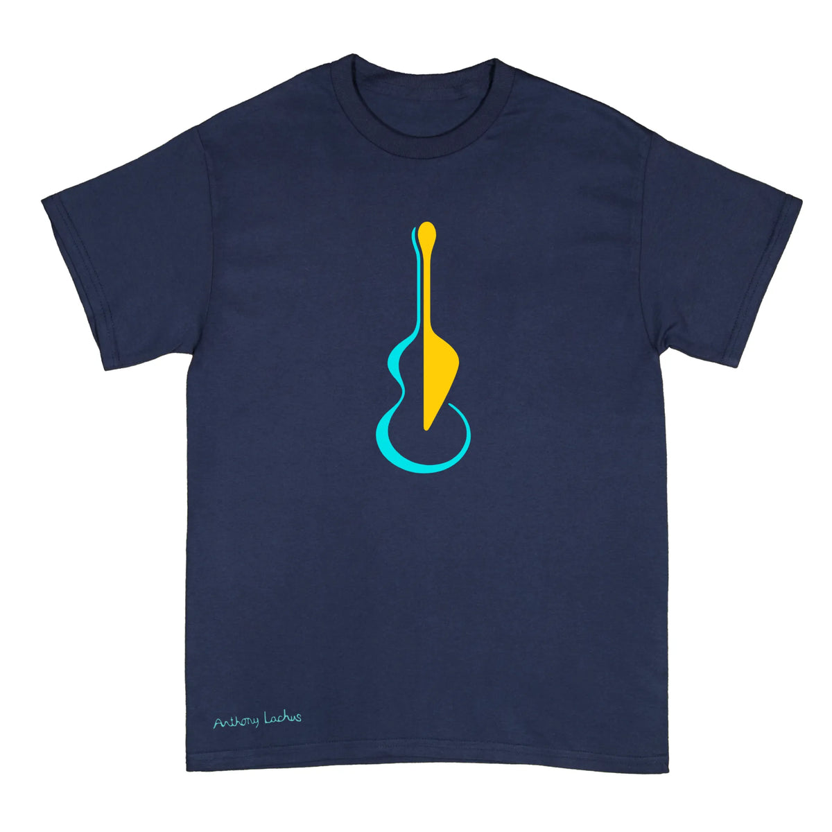 A navy blue short-sleeve crewneck t-shirt featuring a stylized graphic of a guitar in yellow and teal on the chest, with 'Anthony Lachus' printed in teal near the bottom left hem.