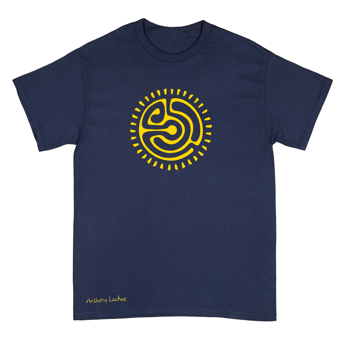 A navy blue short-sleeve crewneck t-shirt featuring a yellow circular abstract graphic on the chest and 'Anthony Lachus' printed in yellow near the bottom left hem, displayed on a solid white background.