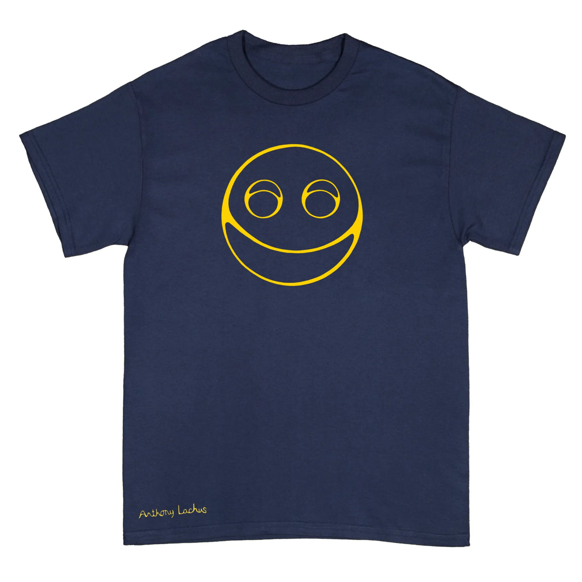 A navy blue short-sleeve t-shirt with a yellow smiley face graphic on the chest and a small yellow 'Anthony Lachus' text print near the bottom left hem, shown against a plain white background.