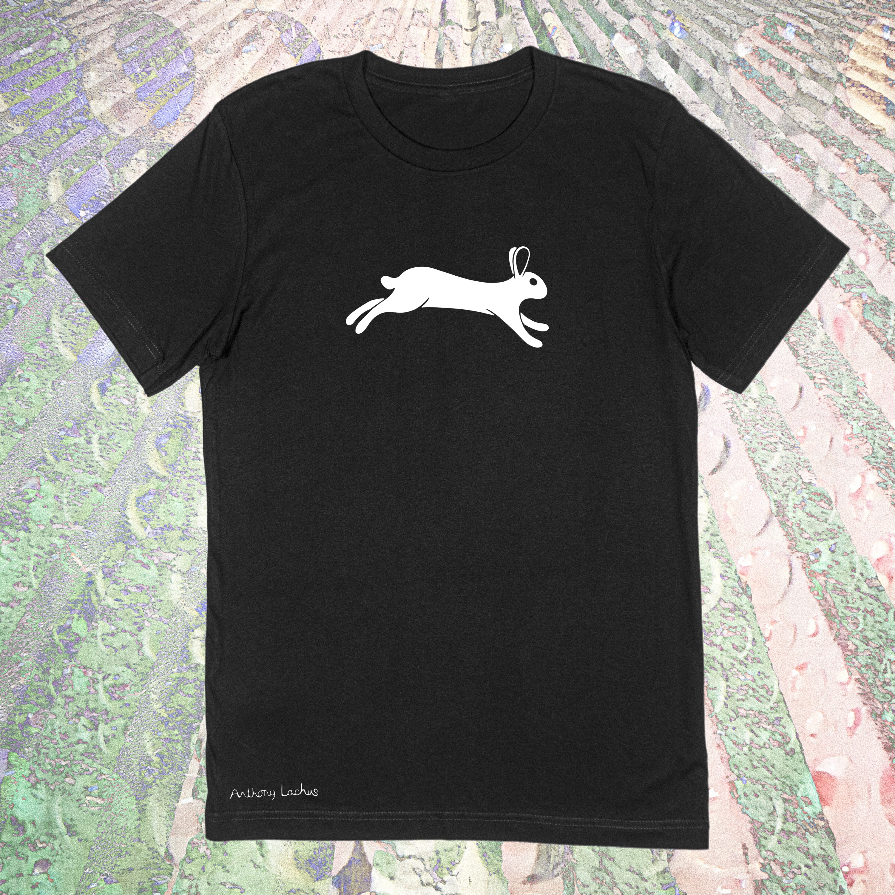 White rabbit on a premium cotton black t-shirt original hand drawn graphic tee design by Anthony Lachus