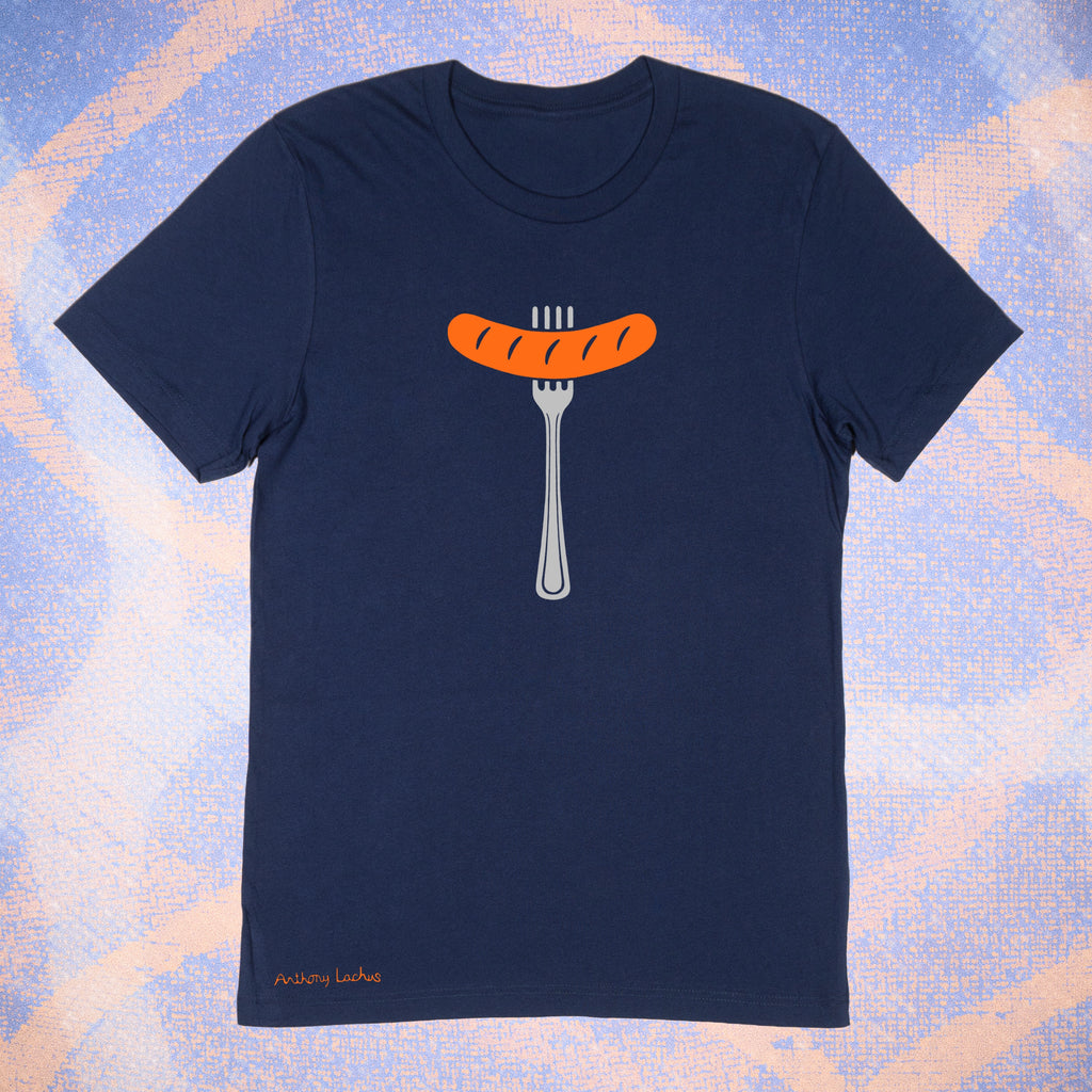 Orange sausage on a gray fork image on a premium cotton navy blue t-shirt original hand drawn graphic tee design by Anthony Lachus