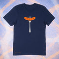 Orange sausage on a gray fork image on a premium cotton navy blue t-shirt original hand drawn graphic tee design by Anthony Lachus