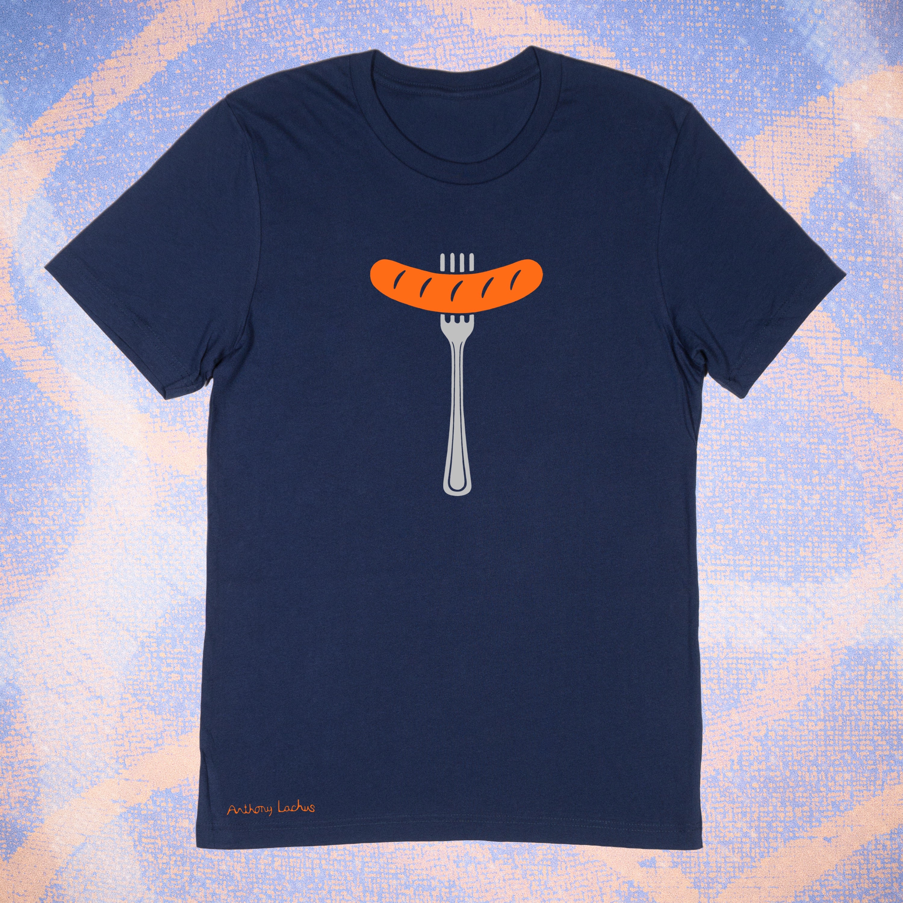 Orange sausage on a gray fork image on a premium cotton navy blue t-shirt original hand drawn graphic tee design by Anthony Lachus