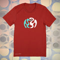 Abstract blue and white shapes on a red premium cotton t-shirt original hand drawn graphic tee design by Anthony Lachus