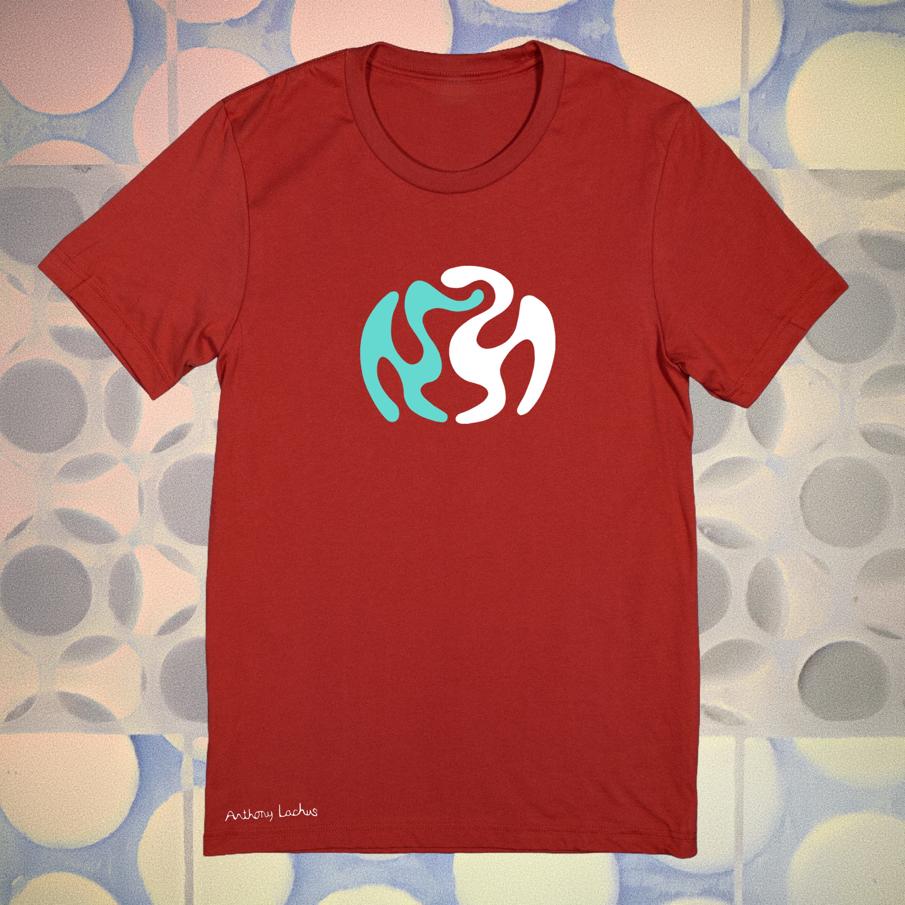 Abstract blue and white shapes on a red premium cotton t-shirt original hand drawn graphic tee design by Anthony Lachus