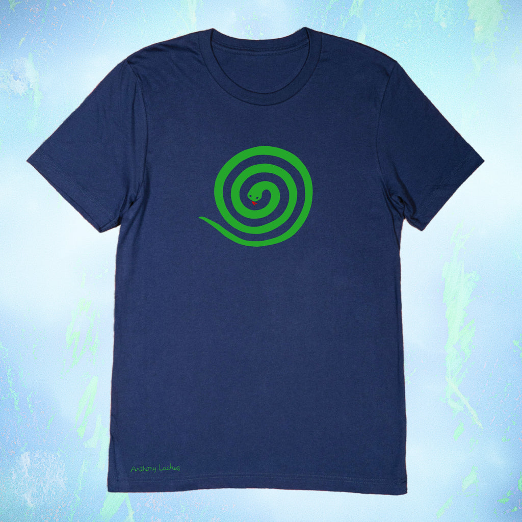 Green coiled snake with red tongue on premium cotton navy blue t-shirt original hand drawn graphic tee design by Anthony Lachus
