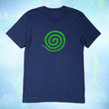 Green coiled snake with red tongue on premium cotton navy blue t-shirt original hand drawn graphic tee design by Anthony Lachus