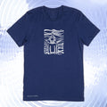 White abstract image of a spaceman on a premium cotton navy color t-shirt original hand drawn graphic tee design by Anthony Lachus.