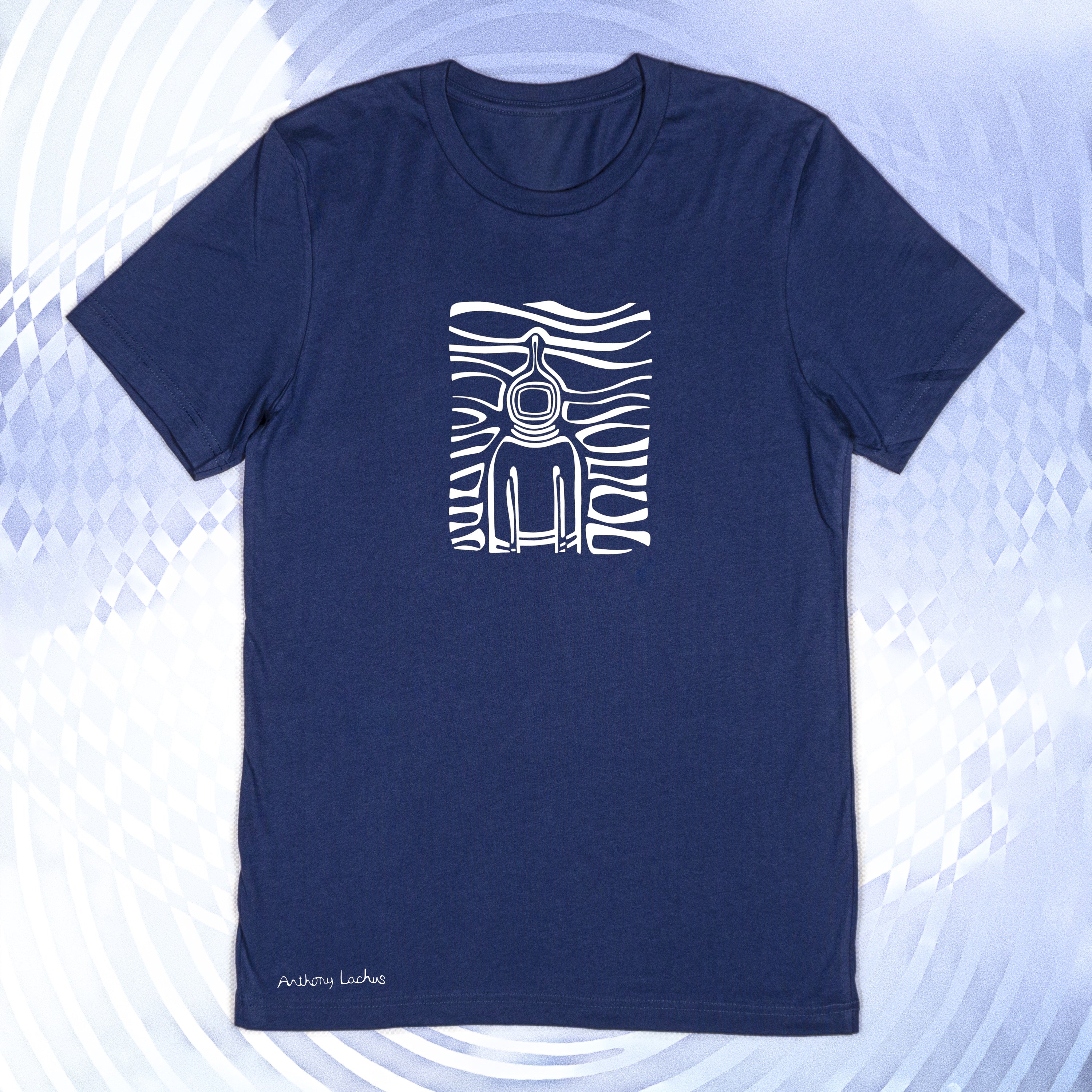 White abstract image of a spaceman on a premium cotton navy color t-shirt original hand drawn graphic tee design by Anthony Lachus.
