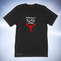 Original hand drawn design of a lobster with the sticky gumbo band text by Anthony Lachus on a premium cotton black t-shirt