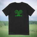 Abstract image of a green tree with roots on a premium cotton black t-shirt original hand drawn graphic tee design by Anthony Lachus