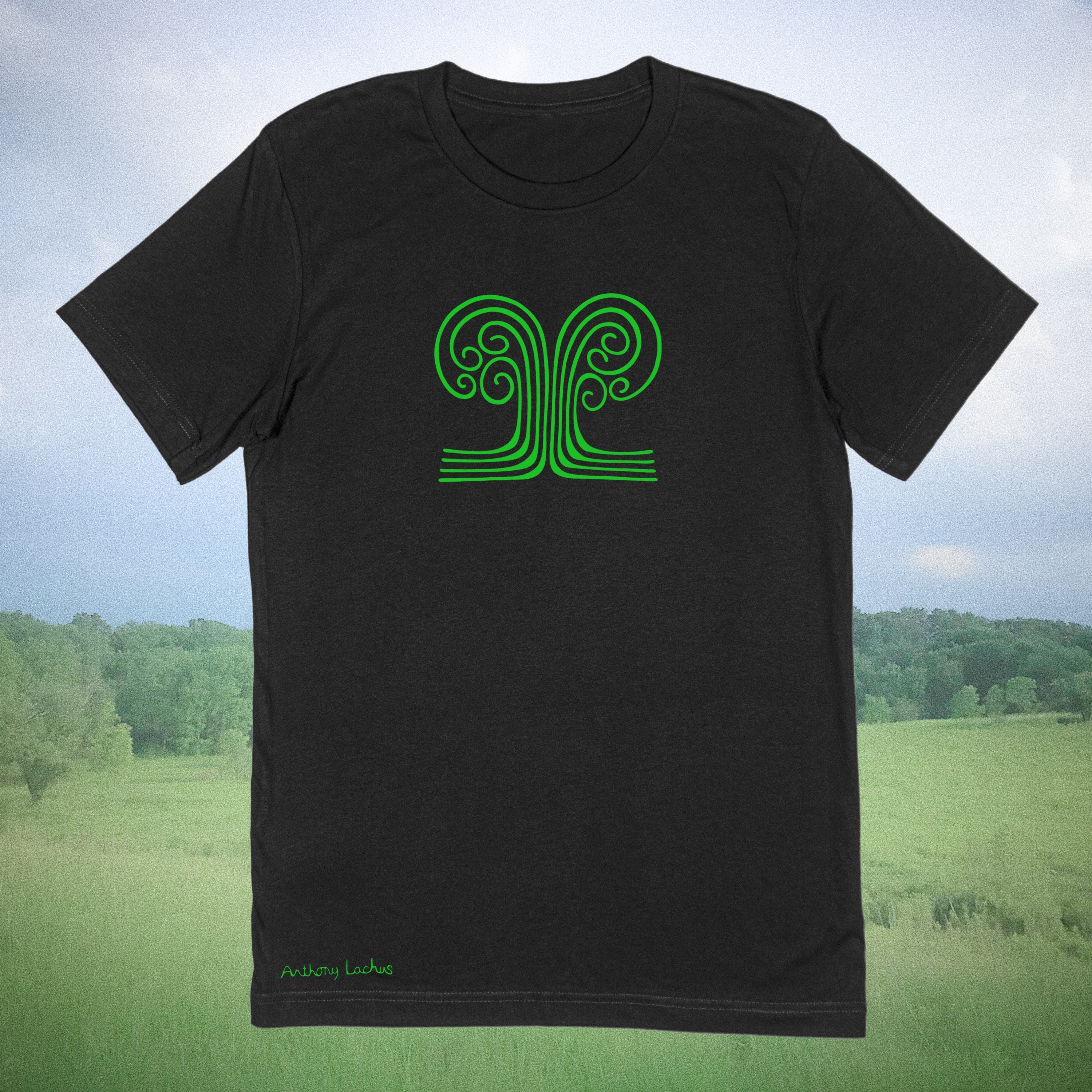 Abstract image of a green tree with roots on a premium cotton black t-shirt original hand drawn graphic tee design by Anthony Lachus