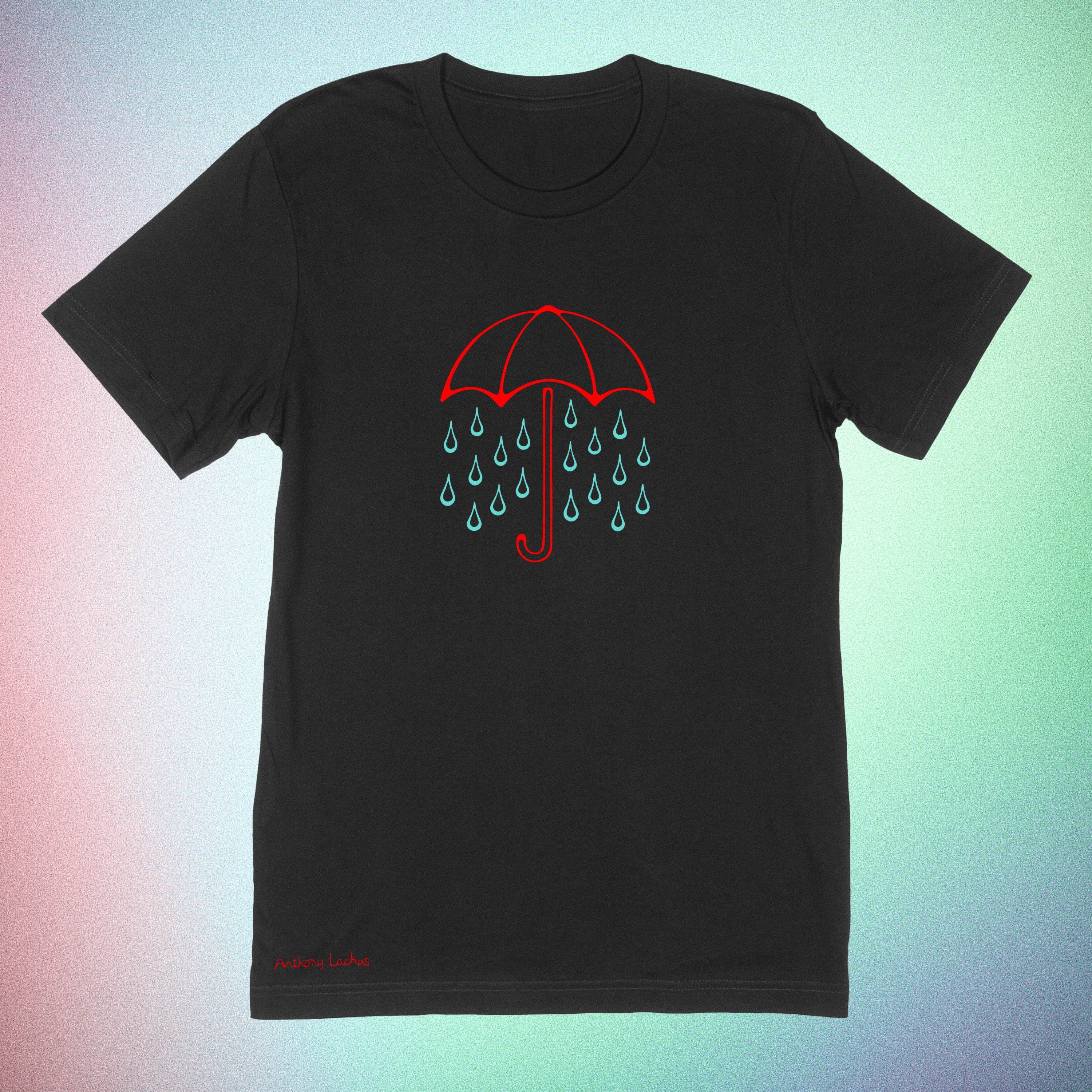 Image of red umbrella and blue rain drops on a premium cotton black t-shirt original hand drawn graphic tee design by Anthony Lachus