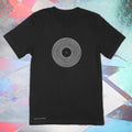 White vinyl record image on a premium cotton black color t-shirt original hand drawn graphic tee design by Anthony Lachus