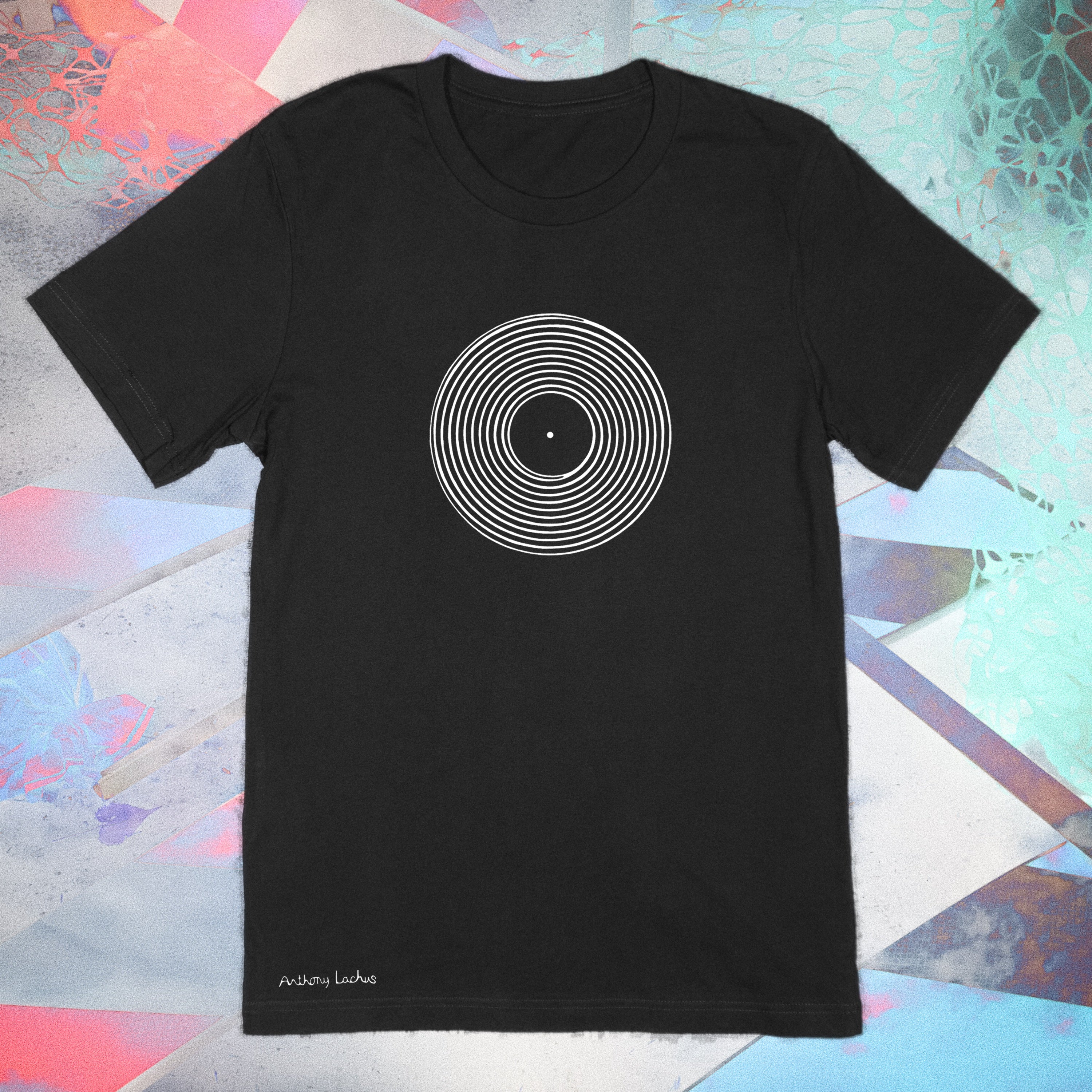 White vinyl record image on a premium cotton black color t-shirt original hand drawn graphic tee design by Anthony Lachus