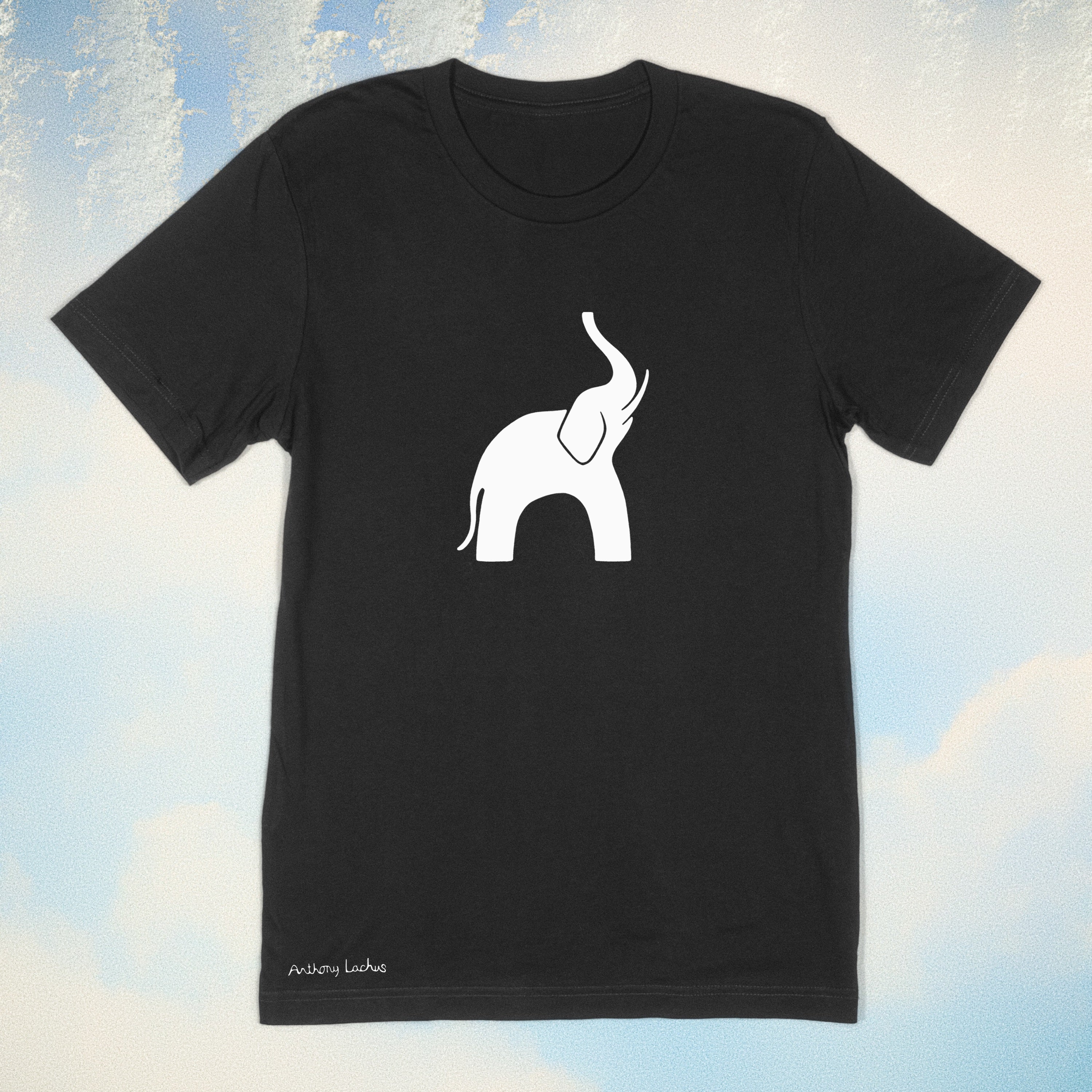 White elephant image on a premium cotton black t-shirt original hand drawn graphic tee design by Anthony Lachus