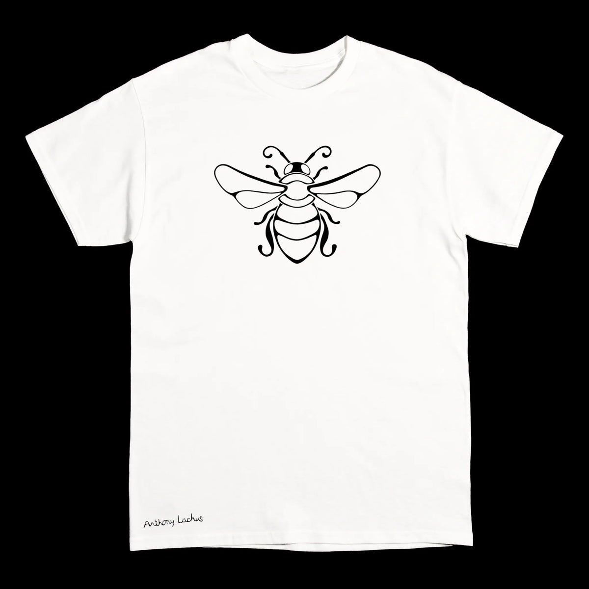 A white short-sleeve crewneck t-shirt featuring a black line art graphic of a bee on the chest, with 'Anthony Lachus' printed in black near the bottom left hem, shown against a solid black background. An original, hand drawn artwork by Anthony Lachus.