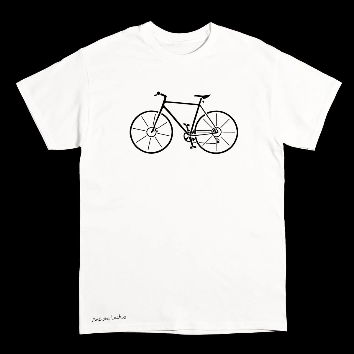 A white short-sleeve crewneck t-shirt featuring a black line art graphic of a bicycle on the chest and the text 'Anthony Lachus' printed near the bottom left hem, shown against a plain black background. An original, hand drawn artwork by Anthony Lachus. Front view.