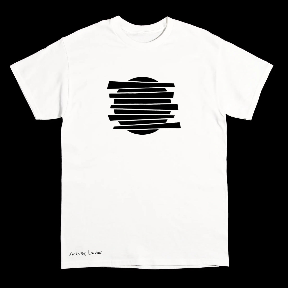 A white short-sleeve crewneck t-shirt with a black graphic of horizontal bars forming a circle on the chest, and 'Anthony Lachus' printed in black near the bottom left, shown against a solid black background. An original, hand drawn artwork by Anthony Lachus.
