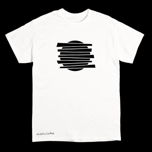 A white short-sleeve crewneck t-shirt with a black graphic of horizontal bars forming a circle on the chest, and 'Anthony Lachus' printed in black near the bottom left, shown against a solid black background. An original, hand drawn artwork by Anthony Lachus.
